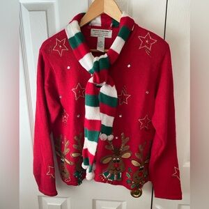 Heirloom Collectibles Red Reindeer Ugly Christmas Sweater Zip Cardigan SZ PM